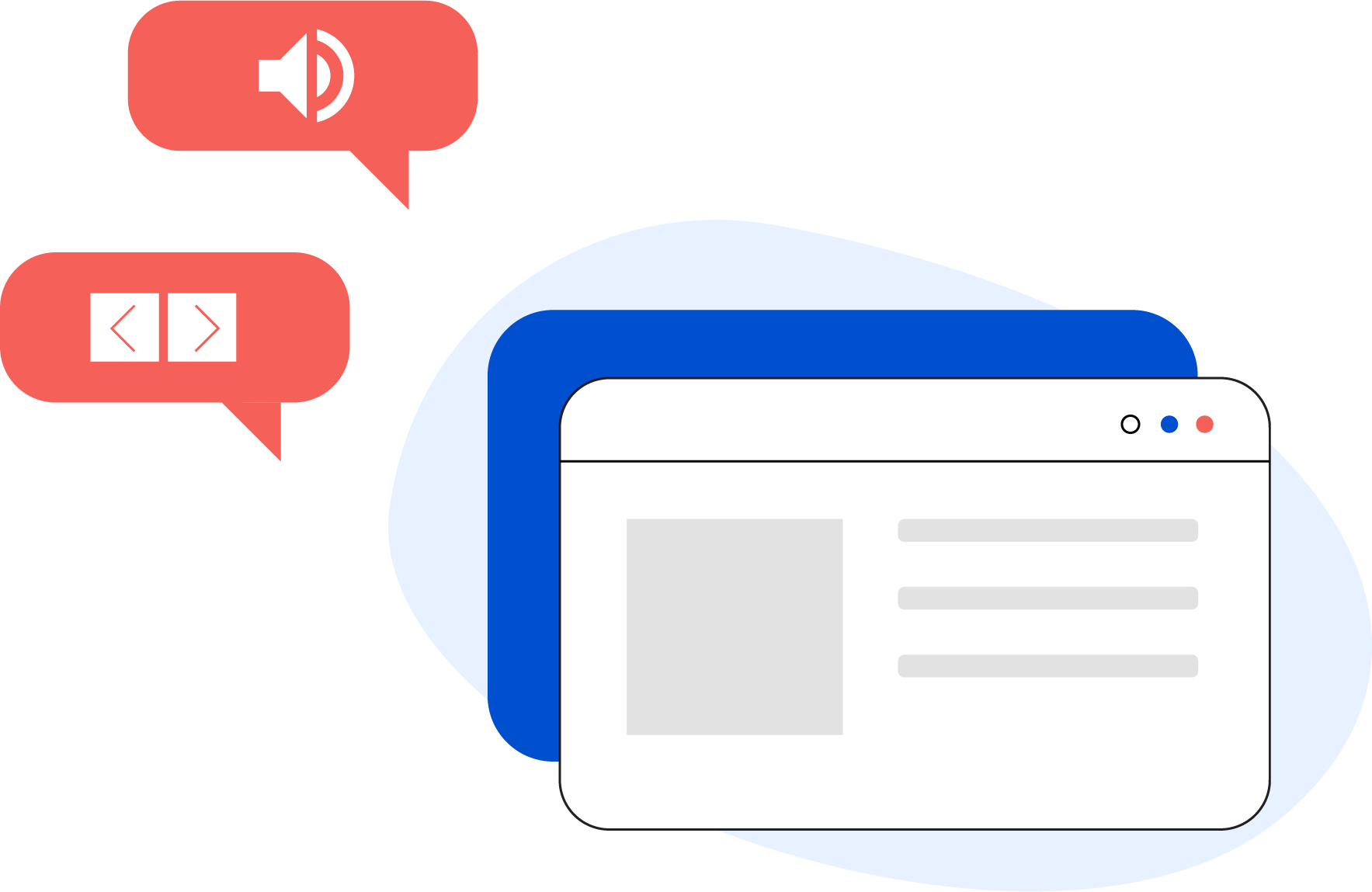 Demo of any website with two text bubbles on the outside showing the icons for volume and the two navigation arrows