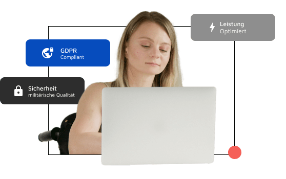 Ein Mädchen im Rollstuhl tippt auf einem grauen Computer; um sie herum sind drei Felder zu sehen: GDPR-konform, optimierte Leistung und Sicherheit auf Militärniveau