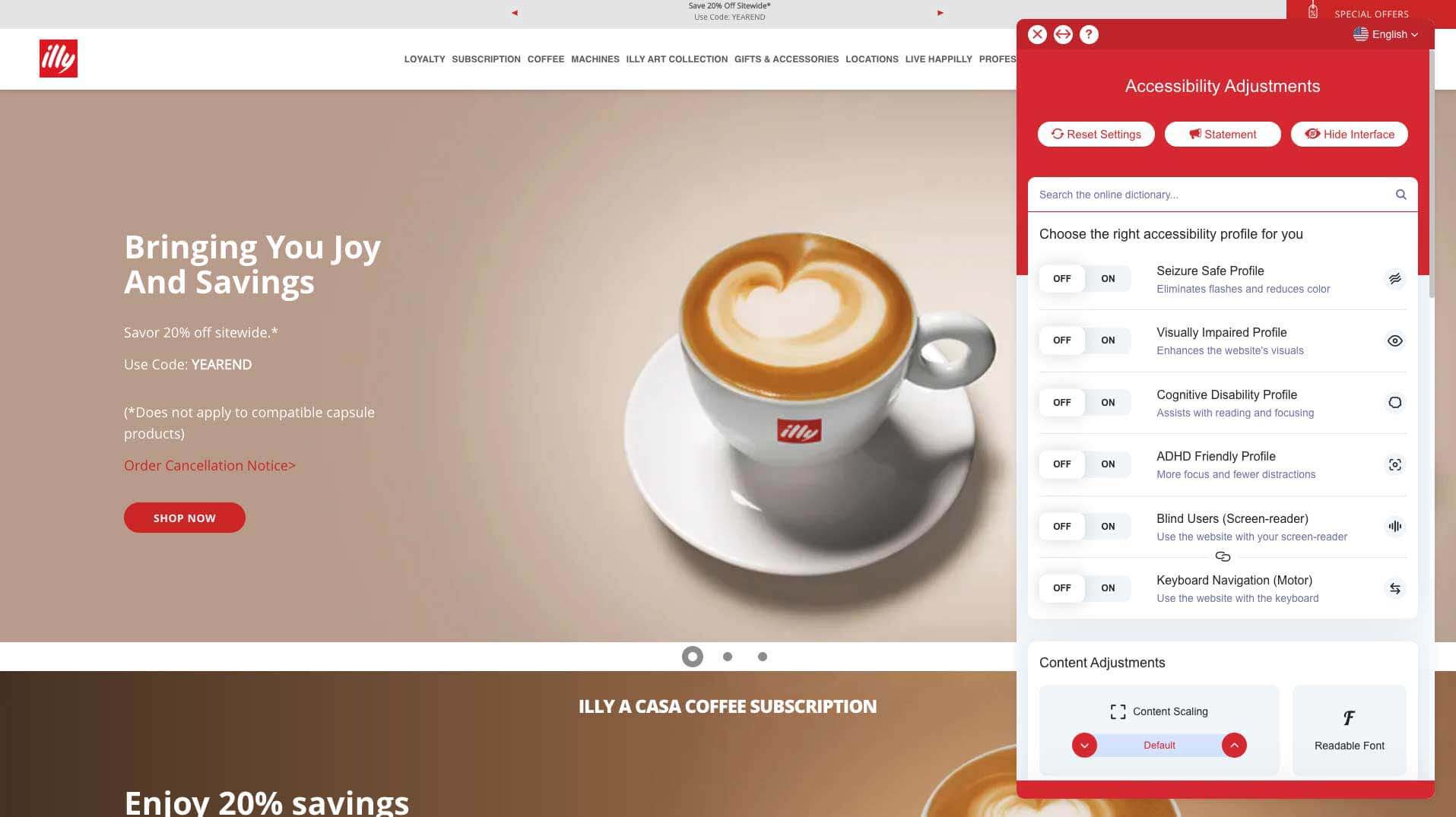 Farbe Bildschirmanzeige der Website von Illy Kaffee mit barrierefreier Schnittstelle in roter