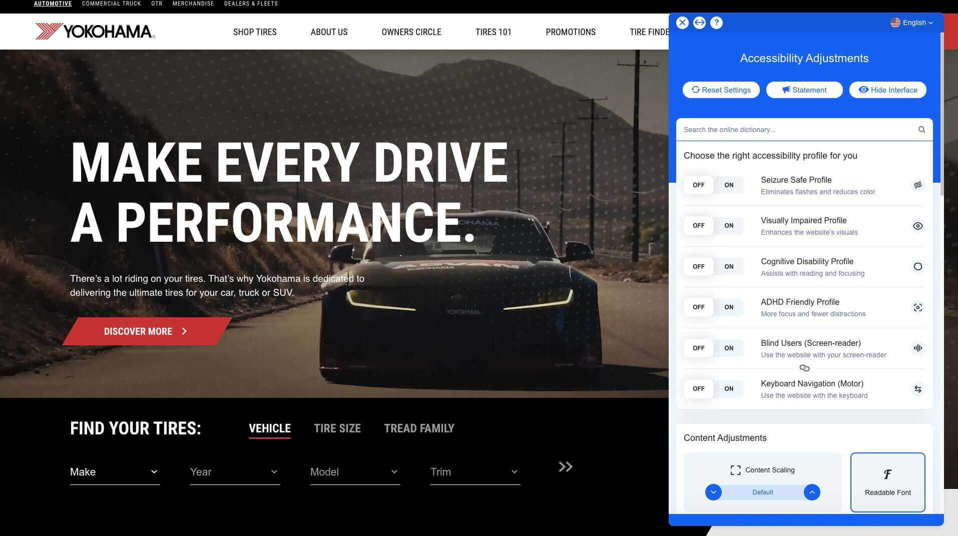 Farbe Bildschirmanzeige des Onlineshops von Yokohama mit barrierefreier Schnittstelle in blauer
