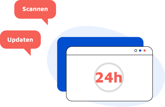 Illustration einer Webseite mit dem Schriftzug 24 Stunden innerhalb und außerhalb zwei Sprechblasen mit den Schriftzügen Scanning und Updating