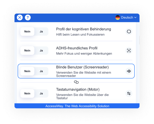 AccessiWay-Schnittstelle mit Profil für blinde Benutzer ausgewählt