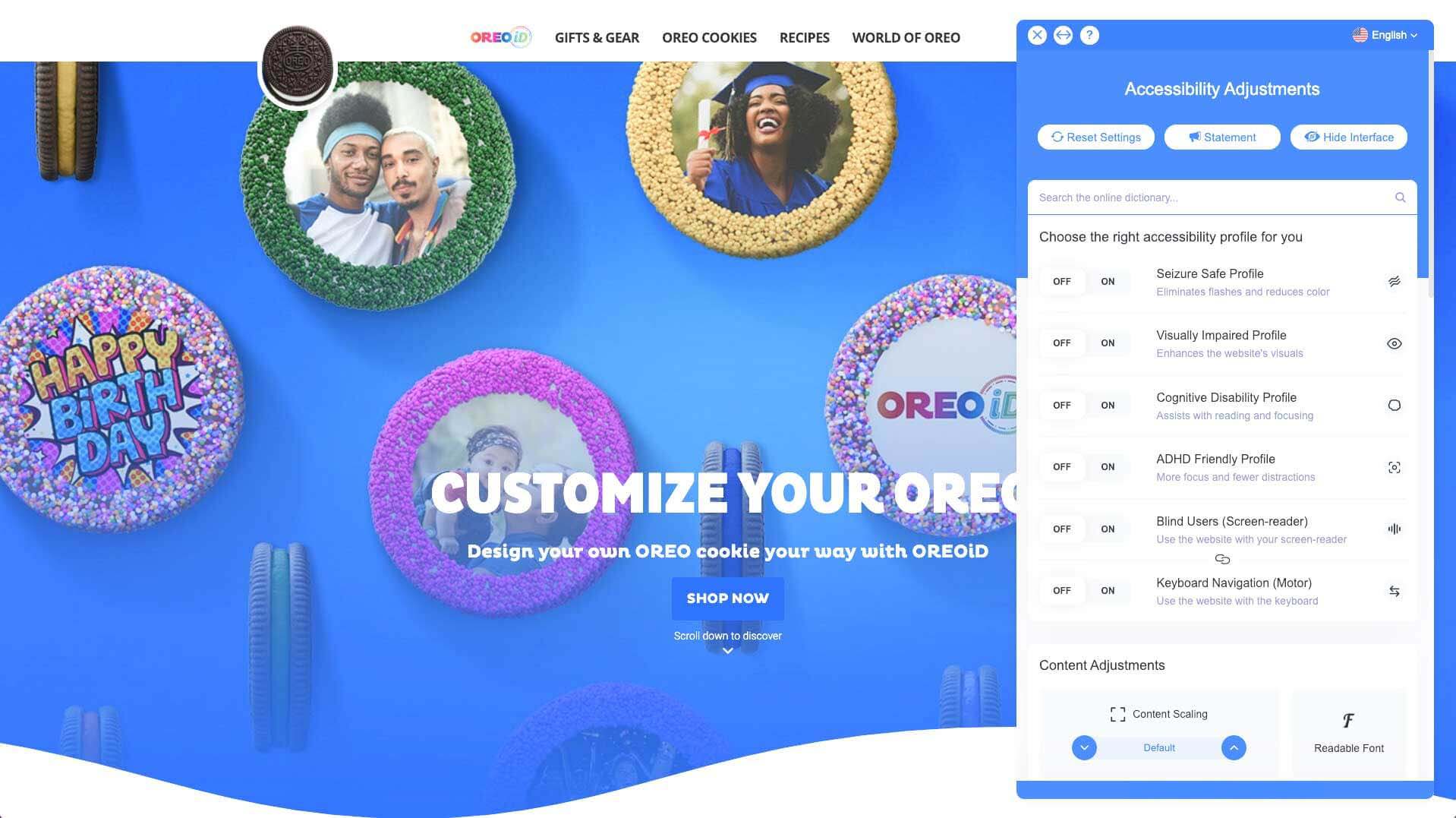 Bildschirmanzeige des Onlineshops von Oreo mit barrierefreier Schnittstelle in blauer Farbe