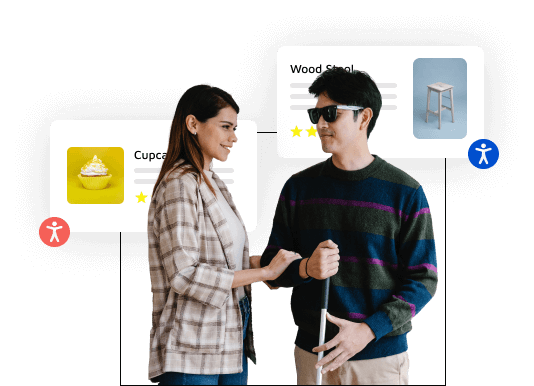 Lächelnde junge Frau, die einem blinden Jungen Mann mit Brille und Stock in der Hand hilft, im Hintergrund unbestimmte Webseiten, die mit dem Icon von AccessiWay versehen sind