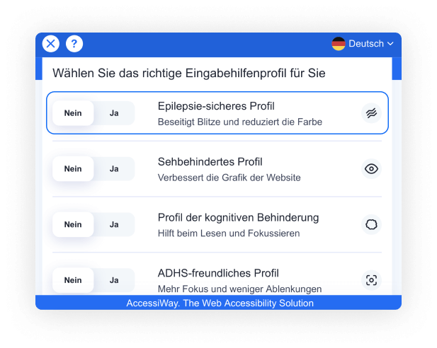 Die AccessiWay Schnittstelle mit gewähltem Sicheren Profil für Epilepsie