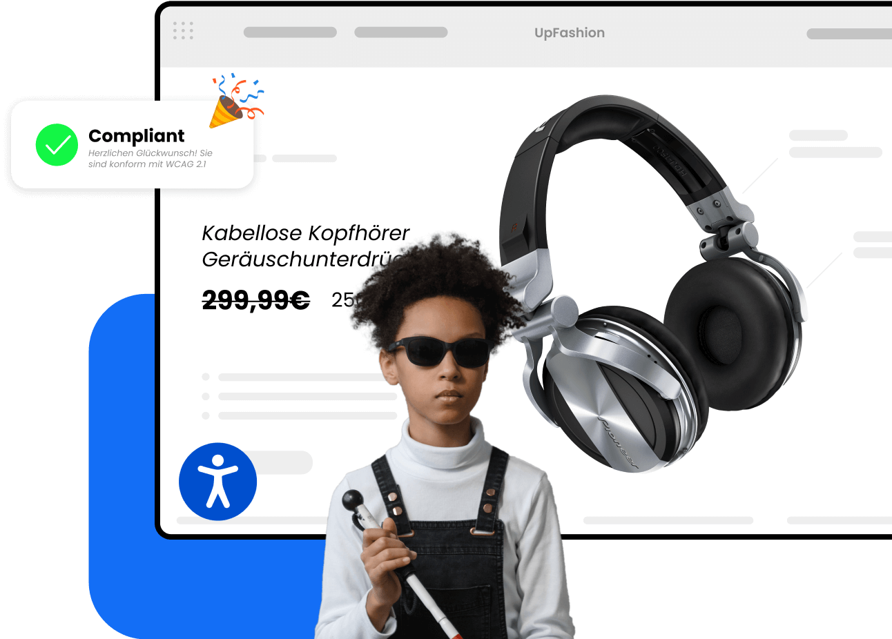 Collage aus Bildern mit einem blinden Kind und einem Beispiel für eine WCAG-konforme Website mit installiertem AccessiWay