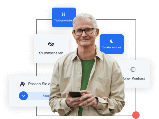 Älterer Mann mit einem Mobiltelefon in der Hand mit verschiedensten Funktionen von AccessiWay wie dunkler Kontrast, Stummschalten oder Hervorhebung der Titel rundherum