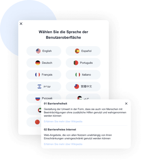 Abschnitt der AccessiWay Schnittstelle für die Wahl der Sprache und mit dem Fenster mit der Funktion „Online Wörterbuch“ auf der Seite