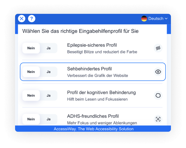 AccessiWay-Schnittstelle mit ausgewähltem Profil für Sehbehinderte
