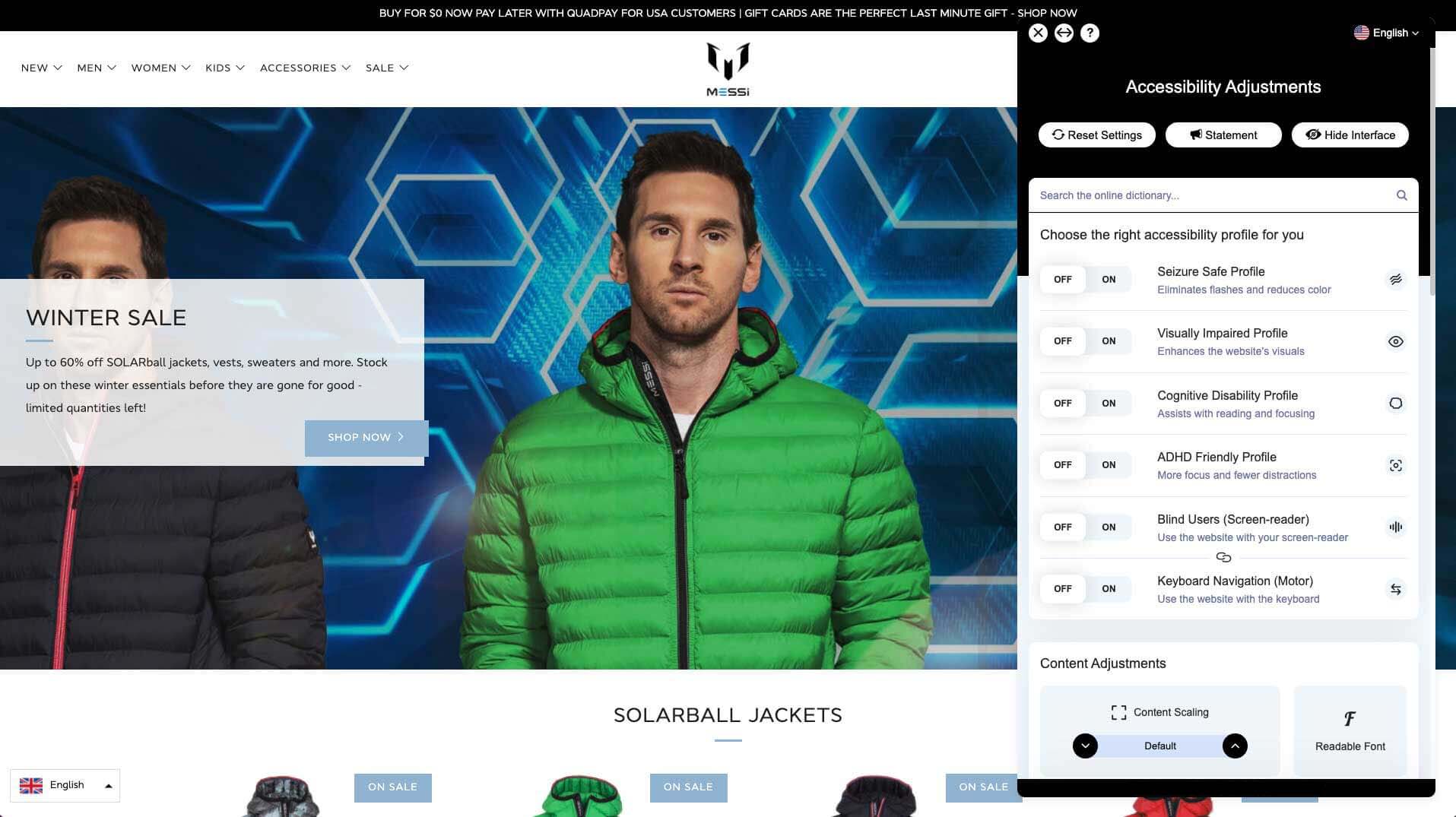 Bildschirmanzeige des Onlineshops von Messi mit barrierefreier Schnittstelle in schwarzer
