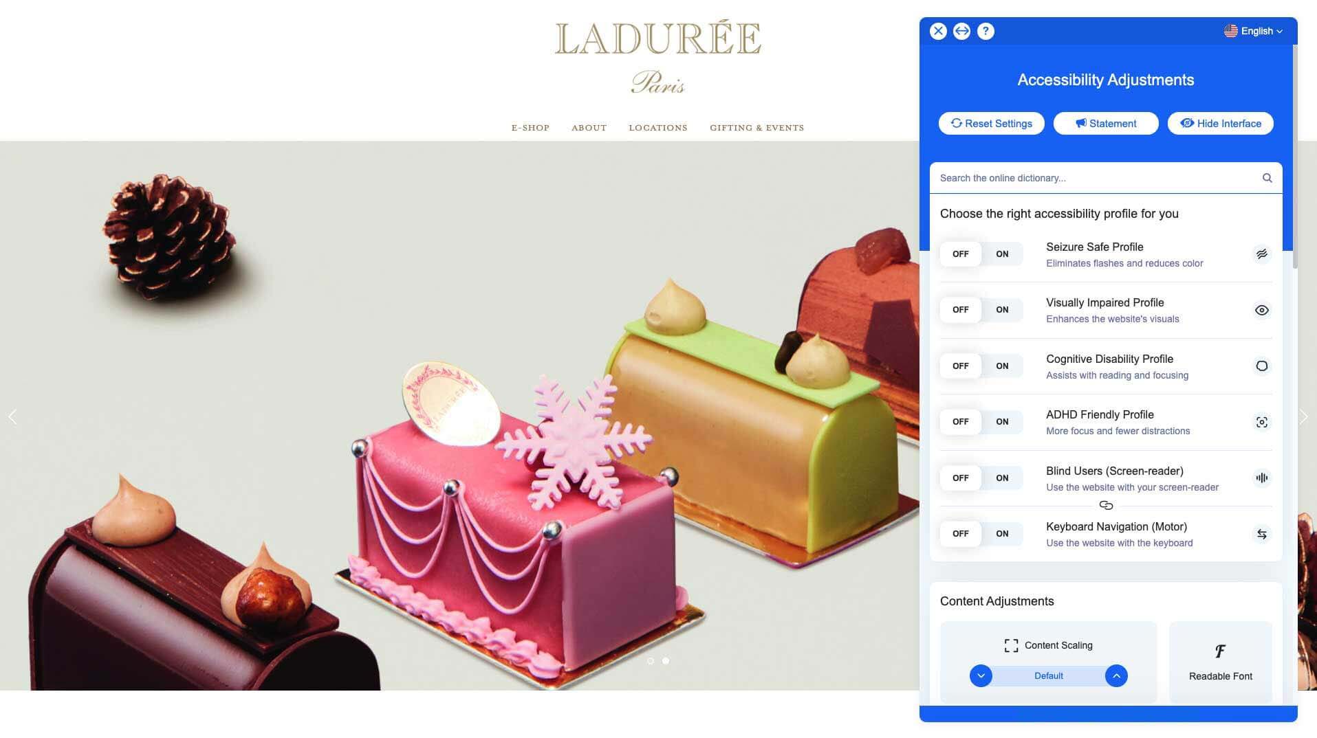 Farbe Bildschirmanzeige der Website von Ladurée Paris mit barrierefreier Schnittstelle in blauer