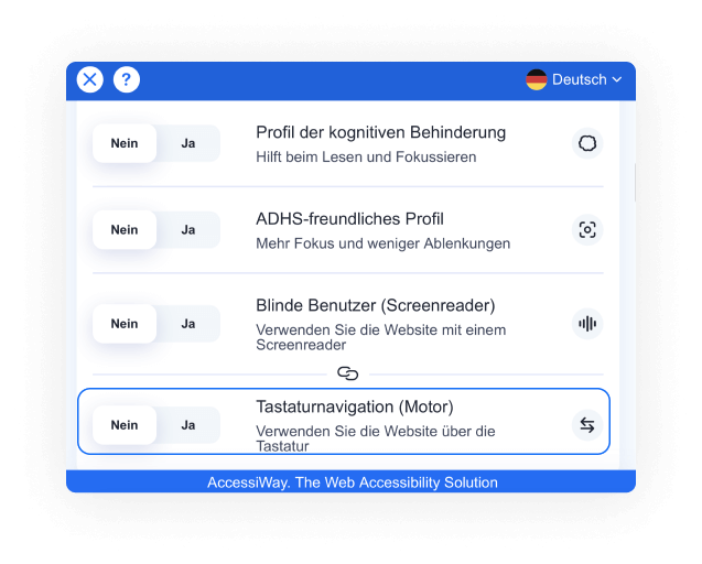 AccessiWay-Schnittstelle mit ausgewähltem Tastatur-Navigationsprofil