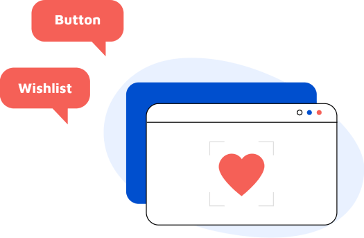 Demo einer Webseite mit einem Herz auf der Innenseite und zwei Comics mit den Worten Wishlist und Button auf der Außenseite