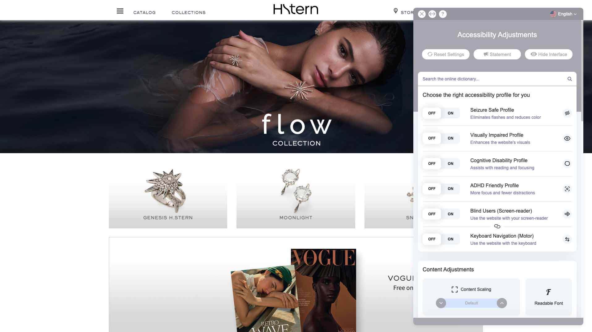 Farbe Bildschirmanzeige der Website von H.Stern mit barrierefreier Schnittstelle in grauer Farbe