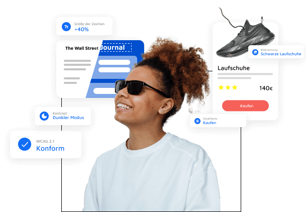 Ein blindes Mädchen, umgeben von Karten mit einigen AccessiWay-Funktionen wie WCAG 21-Konformität, Kontrast- und Schriftanpassung und Bildlesung