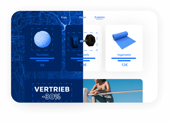 Illustration, die zeigt, wie künstliche Intelligenz die Elemente einer Webseite eines Online-Shops für Sportausrüstung scannt